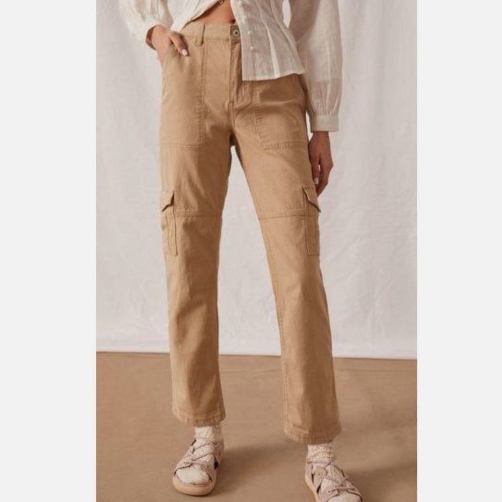 Anthropologie Khaki with Metallic Gold Stripe Cargo Utility Crop Pants Size 12